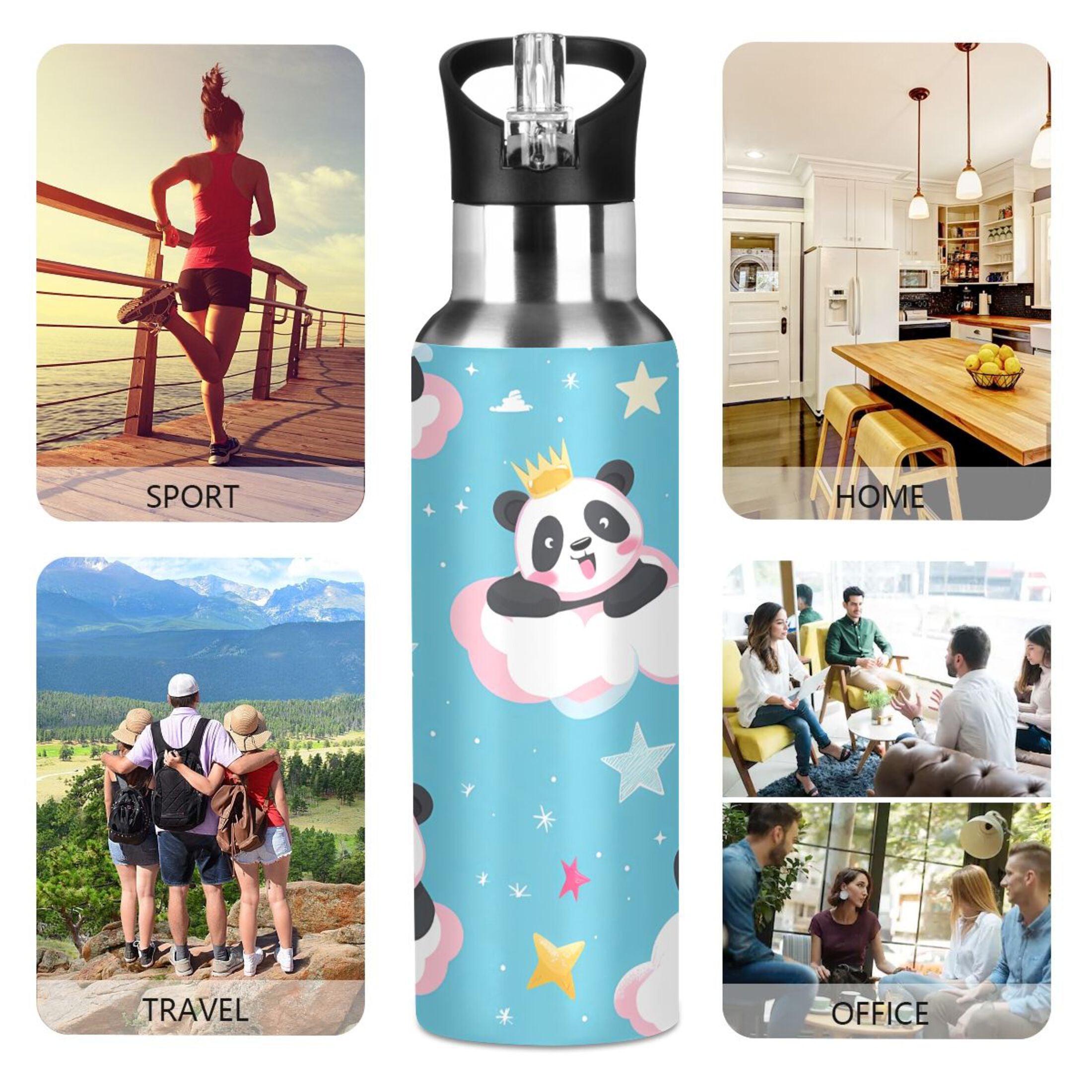 Cartoon Pandas and Stars Insulated Stainless Steel Water Bottle with Straw Lid 20 oz Q632