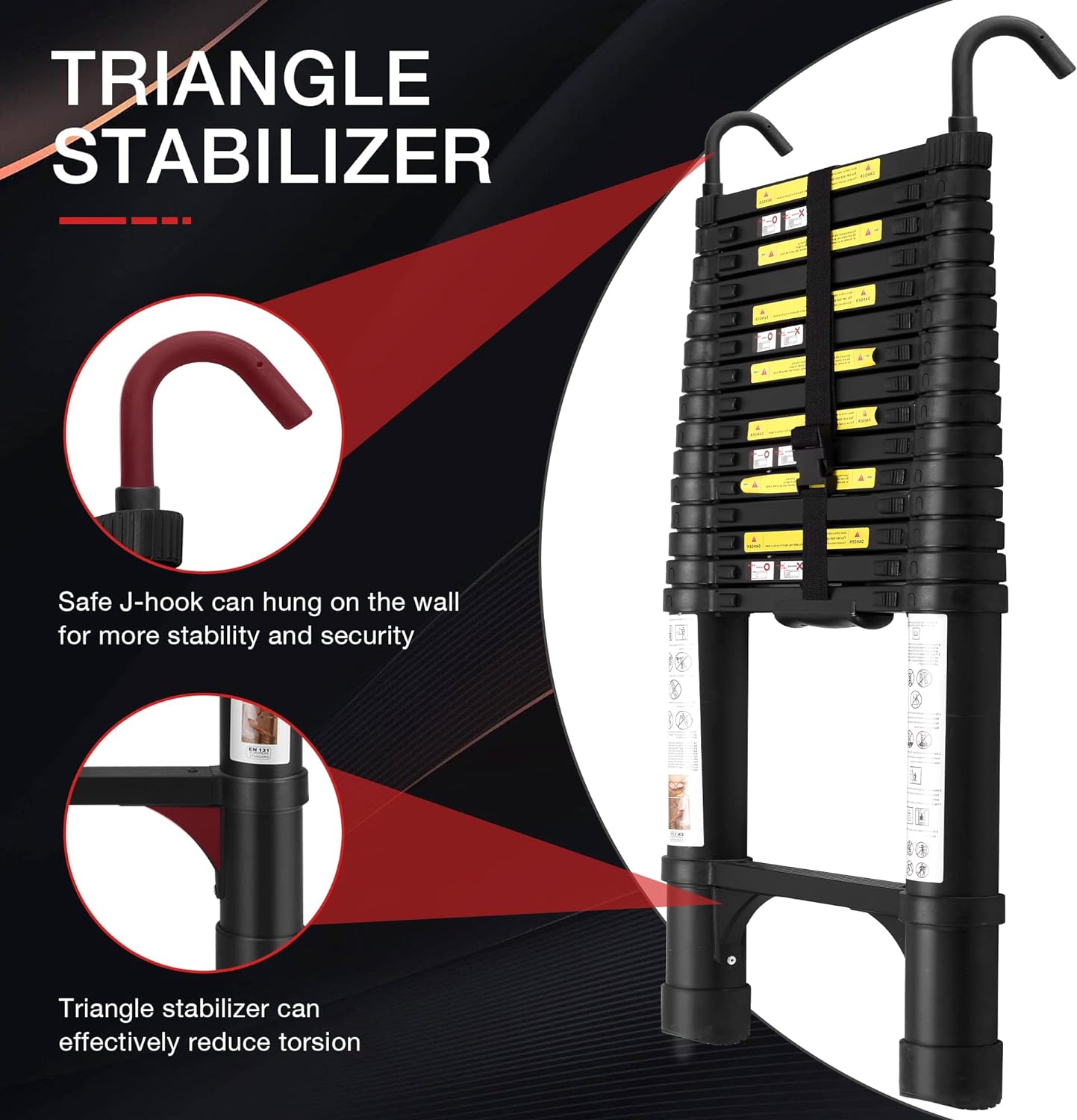 Telescoping Ladder 10.5 FT Aluminum with 2 Detachable Roof Hooks and 2 Triangle Stabilizers V4770