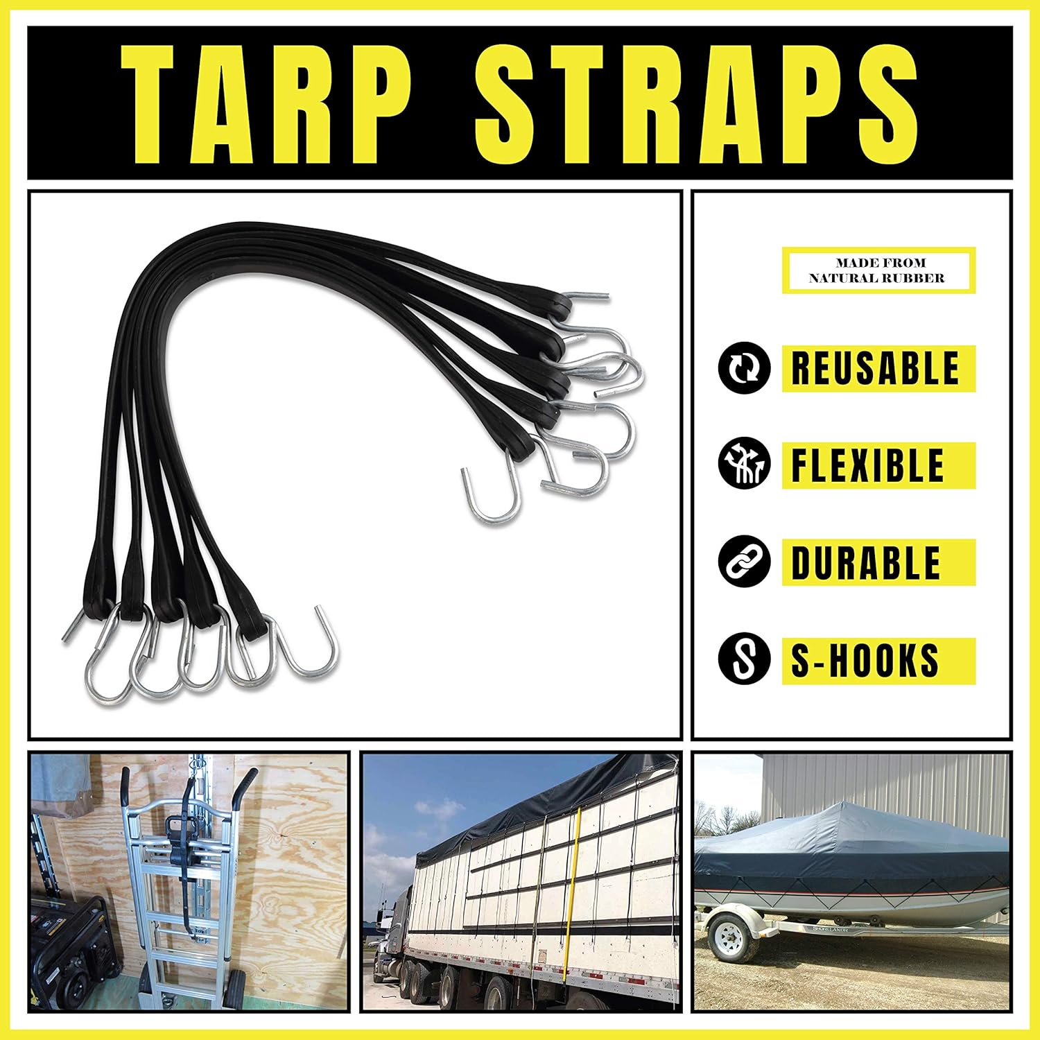 Natural Rubber Bungee Cords with Hooks 15" Pack of 50 K4384
