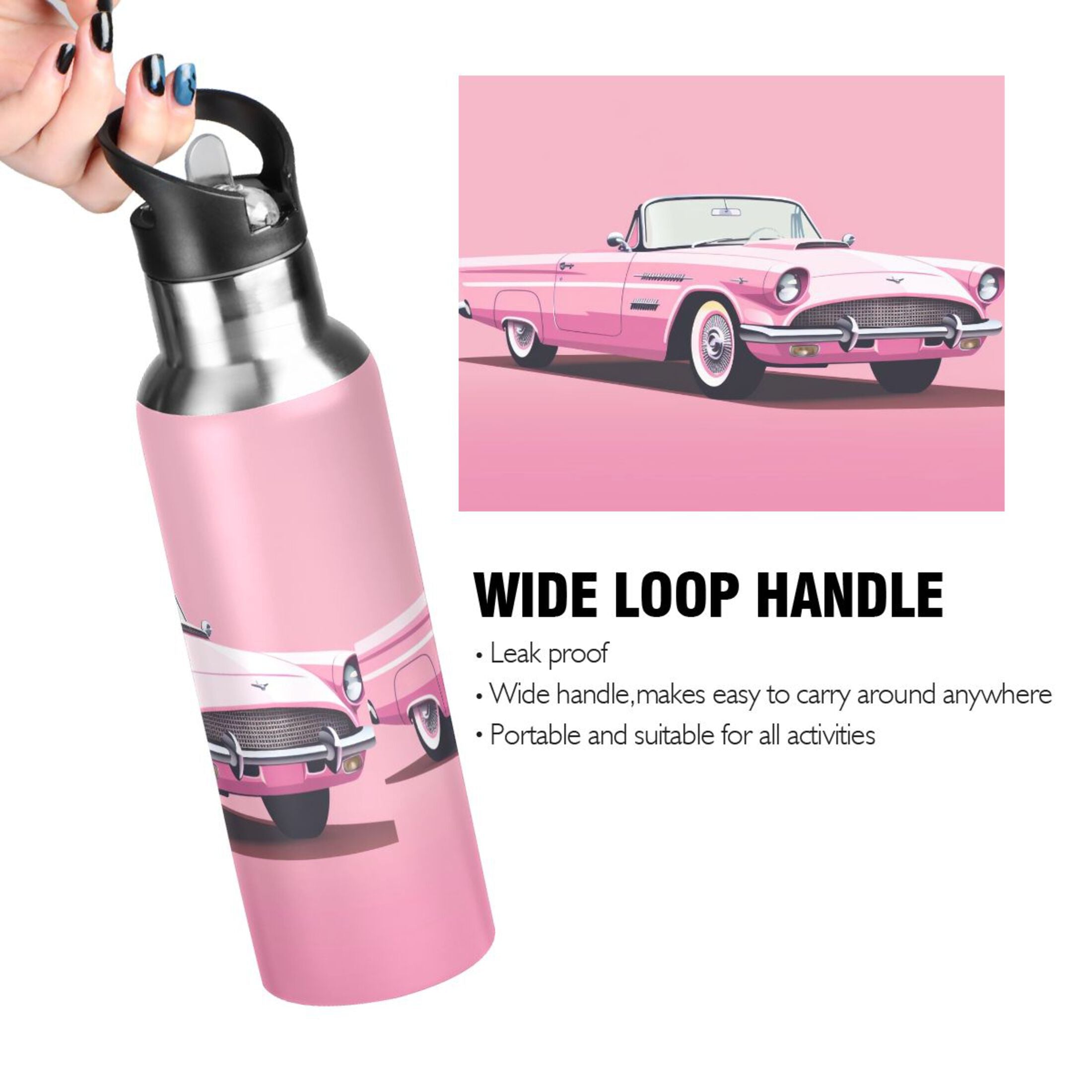 Pink Insulated Stainless Steel Water Bottle with Straw Lid 20 oz X740582