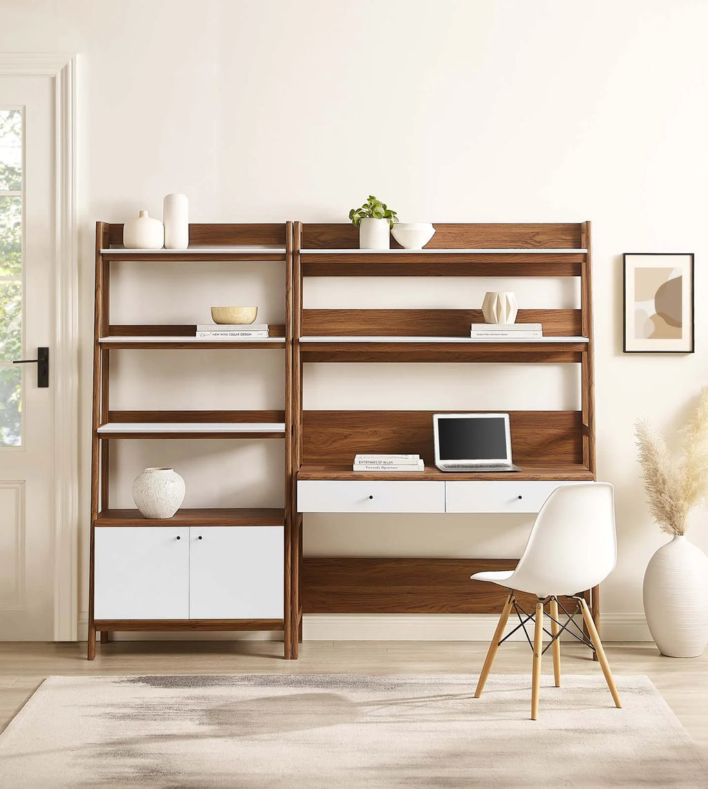 2-Piece Wood Office Desk and Bookshelf in Walnut White C9735