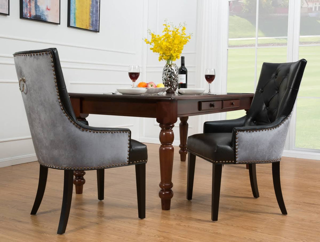 Dining Side Chair Button Tufted PU Leather Velvet Polished Brass Nailheads Espresso Wooden Legs M407