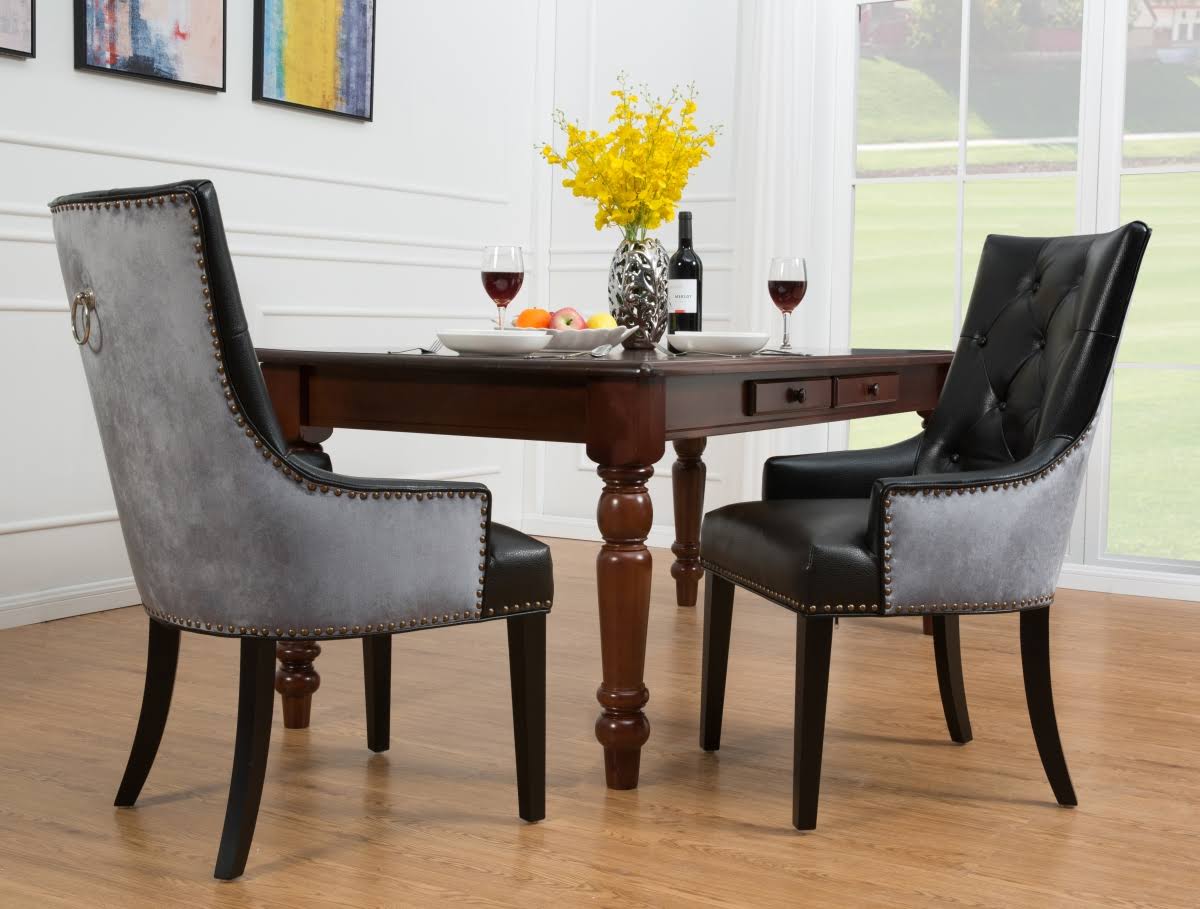 Dining Side Chair Button Tufted PU Leather Velvet Polished Brass Nailheads Espresso Wooden Legs M407