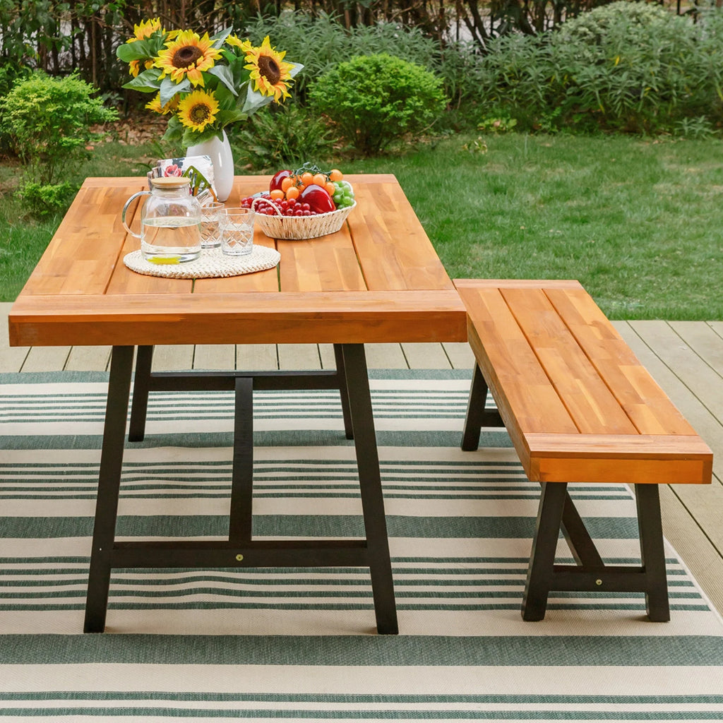 6-Piece Outdoor Dining Set with Acacia Wood Table, Bench and Wicker Chairs with Cushions A5466