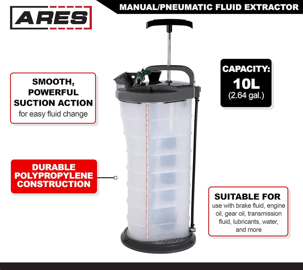 Manual/Pneumatic Fluid Extractor with Brake Bleeder Adapter, 10L Capacity, Polypropylene P2483