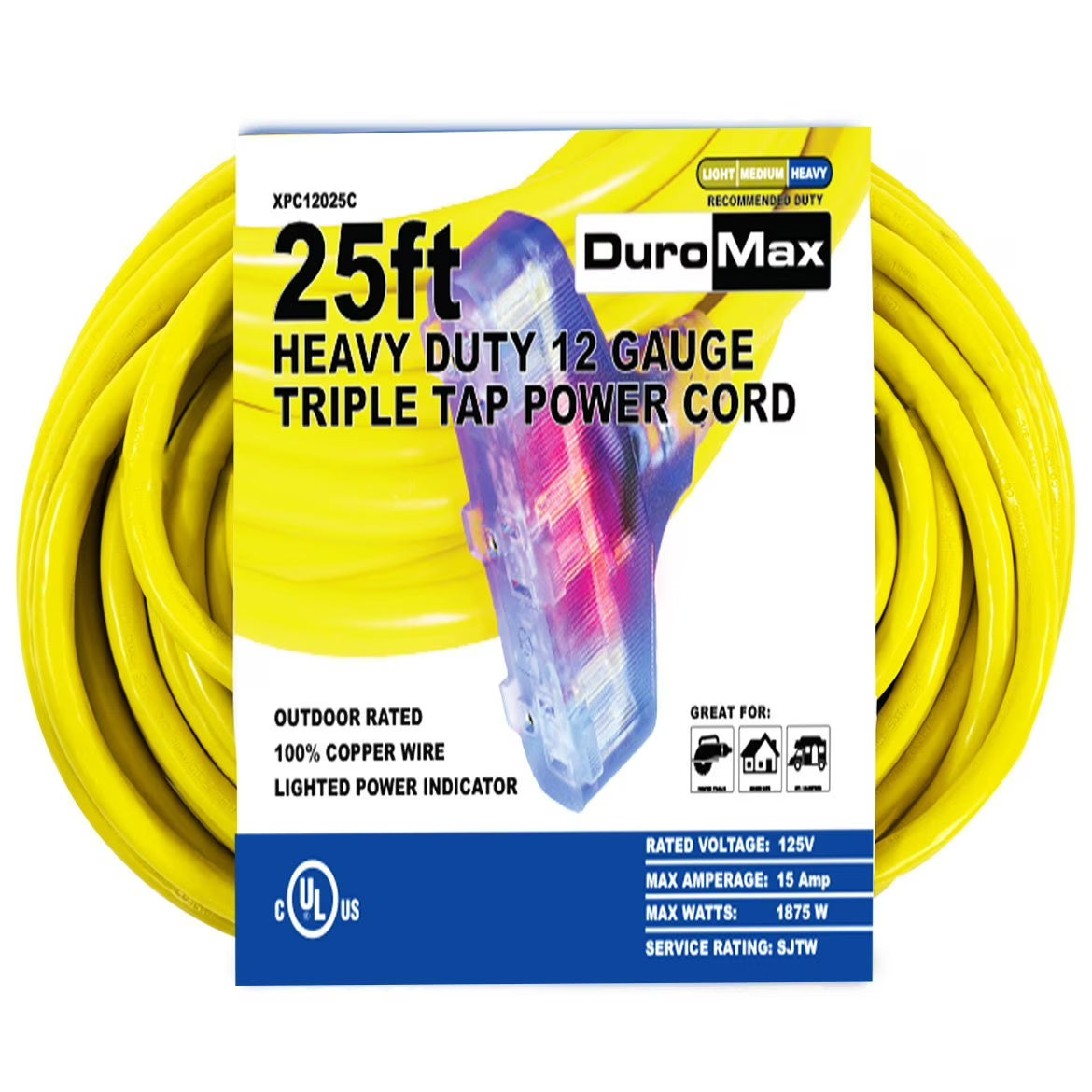 25-Foot 12 Gauge Triple Tap Extension Power Cord B60834