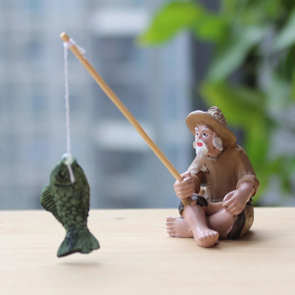 Miniature Resin Fishing Old Man Statue Aquarium Ornament X399212
