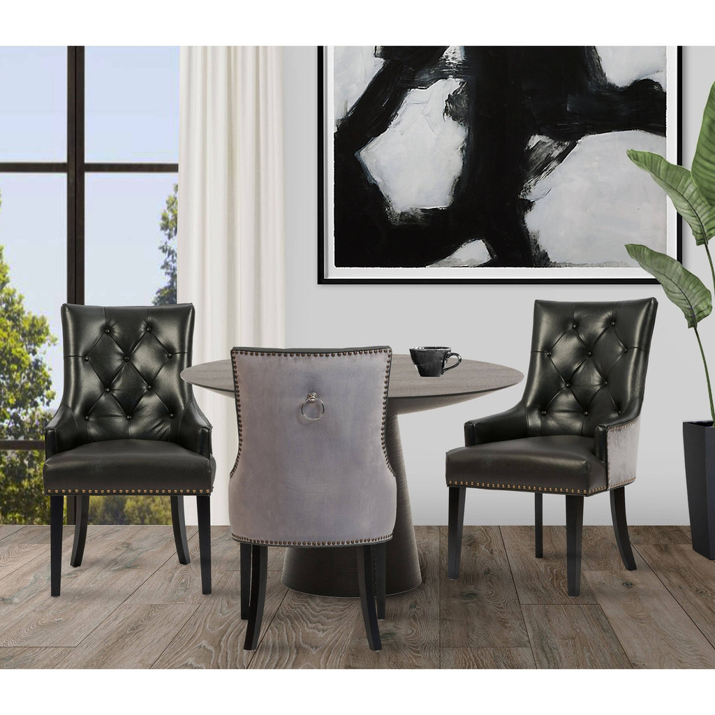 Dining Side Chair Button Tufted PU Leather Velvet Polished Brass Nailheads Espresso Wooden Legs M407