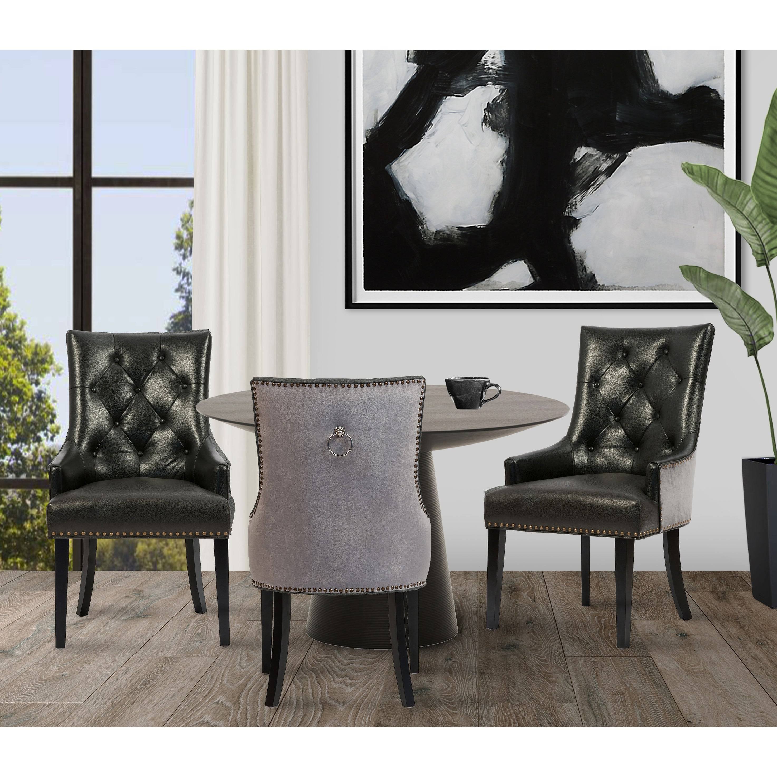 Dining Side Chair Button Tufted PU Leather Velvet Polished Brass Nailheads Espresso Wooden Legs M407