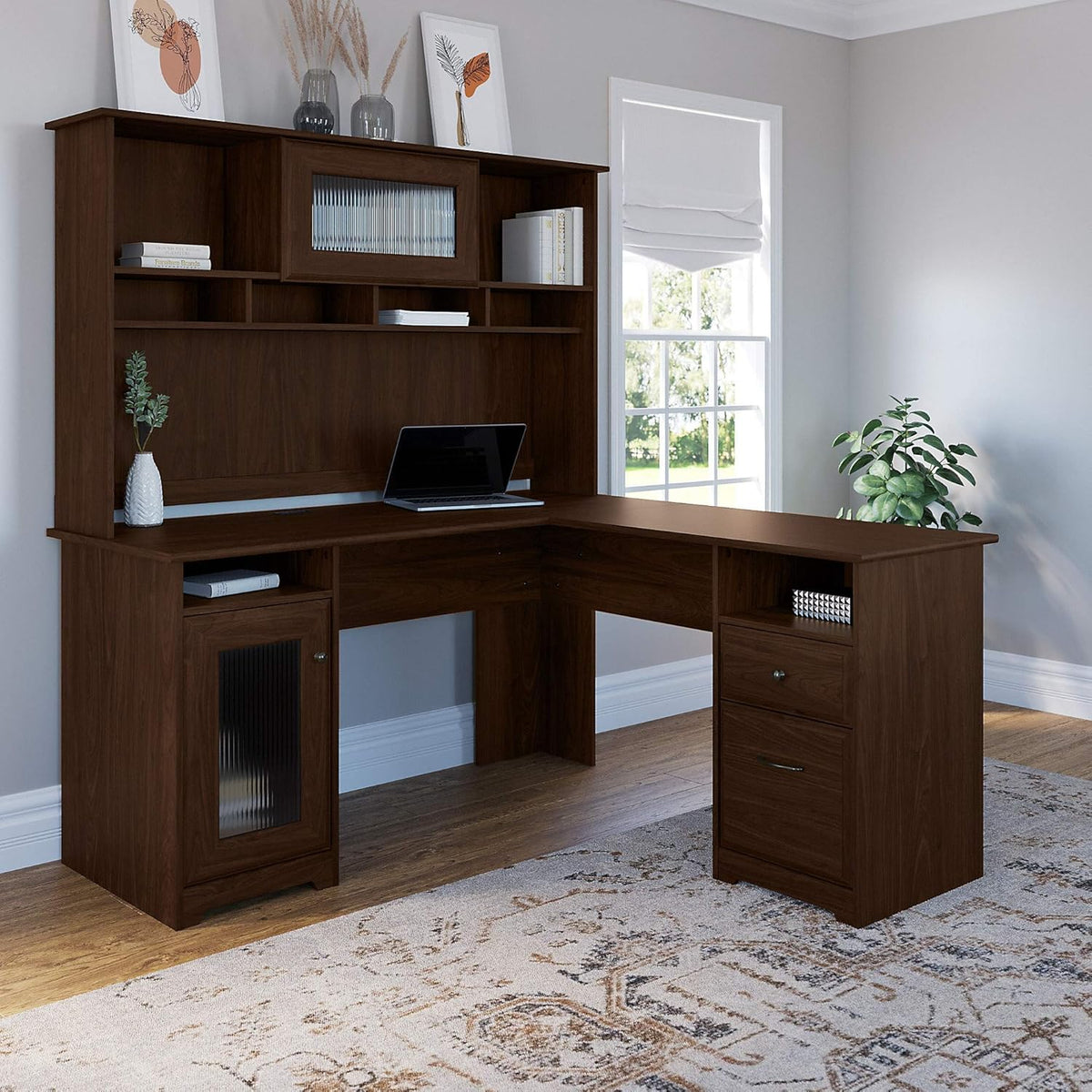 Walnut L Shape Desk with Hutch M44533