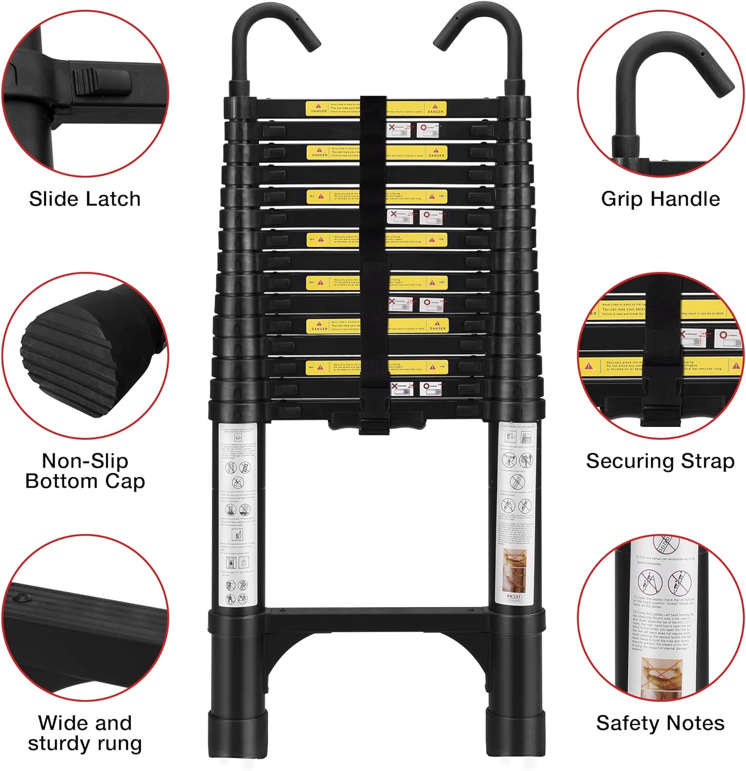 Telescoping Ladder 10.5 FT Aluminum with 2 Detachable Roof Hooks and 2 Triangle Stabilizers V4770