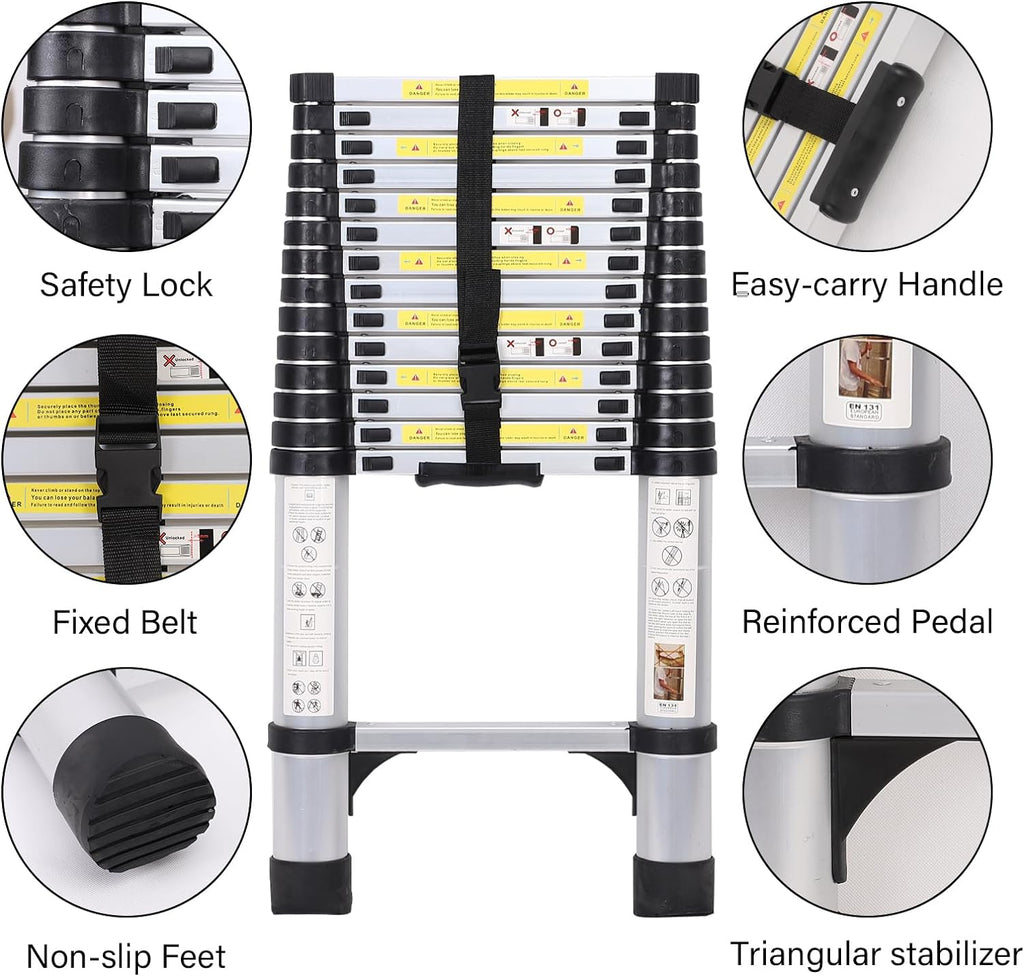 14.5FT Telescoping Aluminum Extension Ladder with Triangular Stabilizer V95612