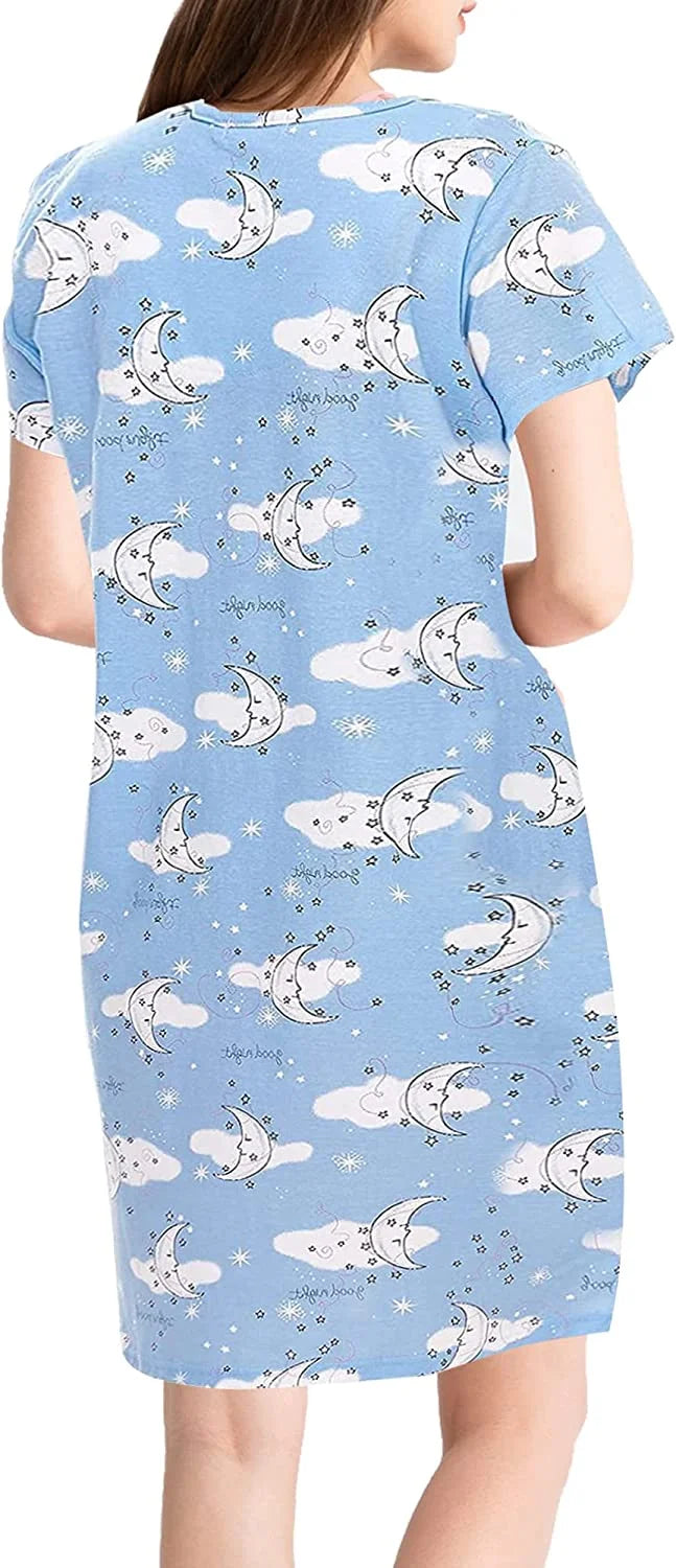 Cotton Nightgown Sleepwear Short Sleeves Sleepdress Blue XL A246464