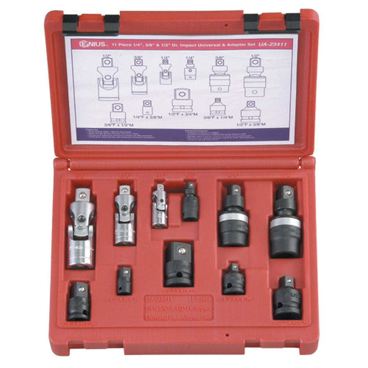 11pc 1/4, 3/8 & 1/2x22 Dr. Impact Universal & Adapter Set E6410