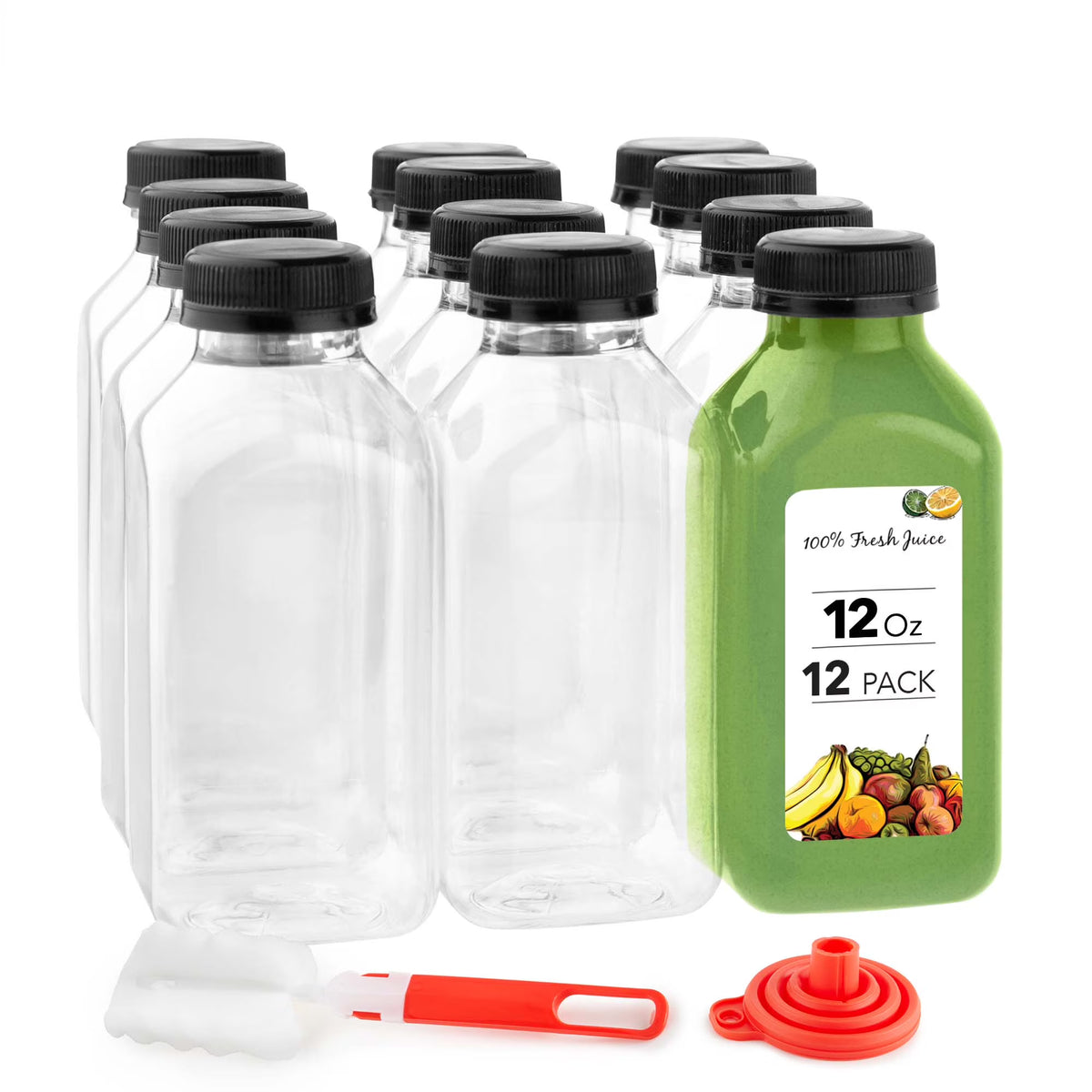 12 Pack Reusable Clear Plastic Juice Bottles with Caps X8970