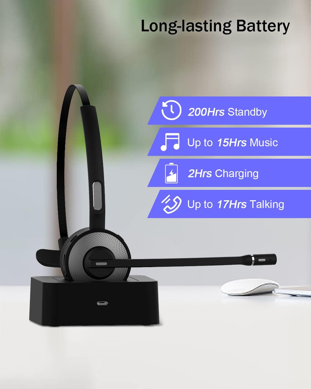 Bluetooth Headset with USB Dongle, Single-Ear Wireless Headset with Noise Cancelling Microphone Charging Base, Pack of 2 L14017