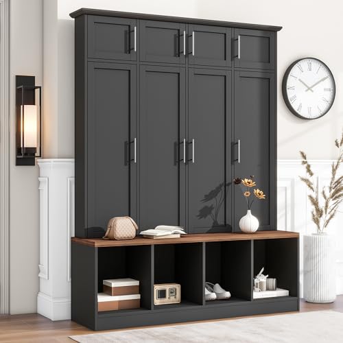 White 4-in-1 Hall Tree Coat Rack with 4 Shelves and 8 Cabinets R43408