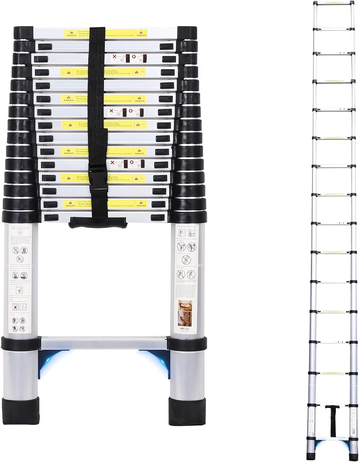 14.5FT Telescoping Aluminum Extension Ladder with Triangular Stabilizer V95612