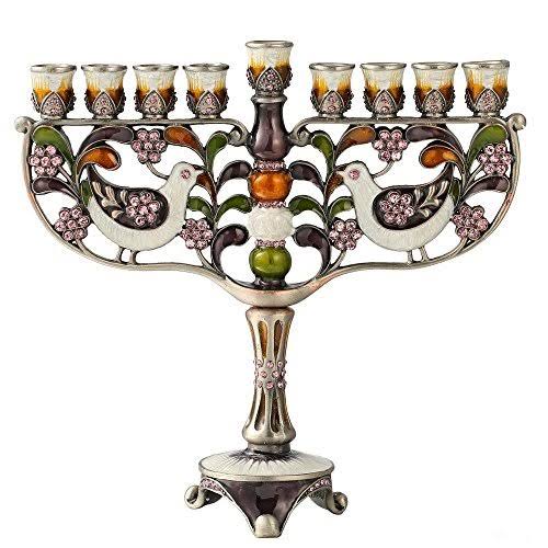 Hand Painted Enamel Menorah Candelabra with Gold Accents and Crystals P289