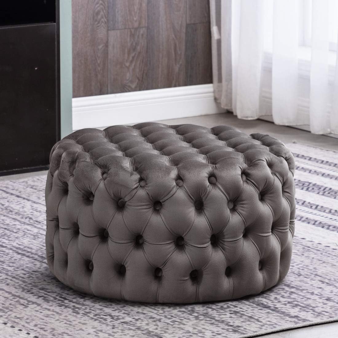 Grey Velvet Round Ottoman H74328
