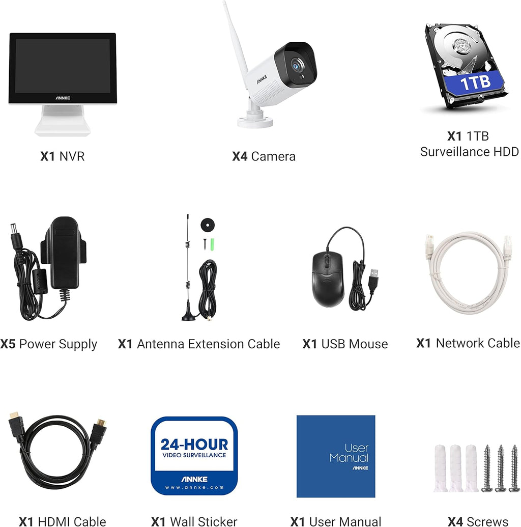 5MP NVR Wi-Fi Security Camera System with 10.1 LCD Monitor, 4CH, 4Pcs 1080p Outdoor IP Cameras, 1TB Hard Drive S7925