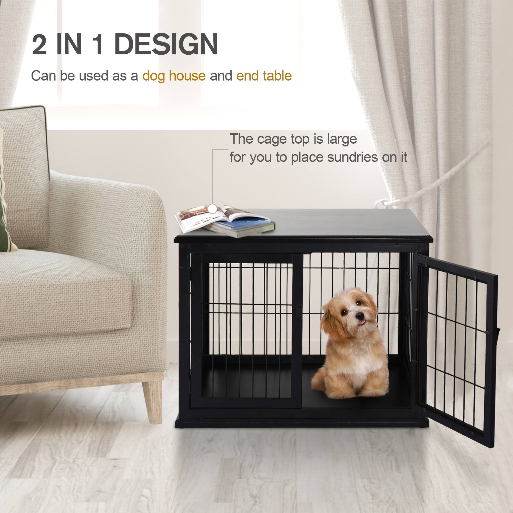 Black Wooden Dog Cage Pet Crate Kennel with Double Door T71372