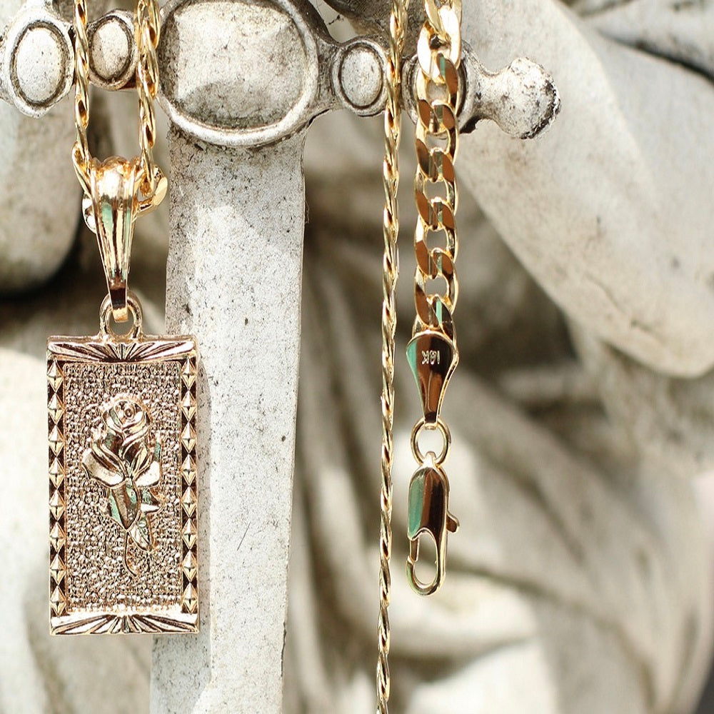 14K Bonded Gold Cuban Chain with Rose Charm Necklace with Gift Box/Bag O3310