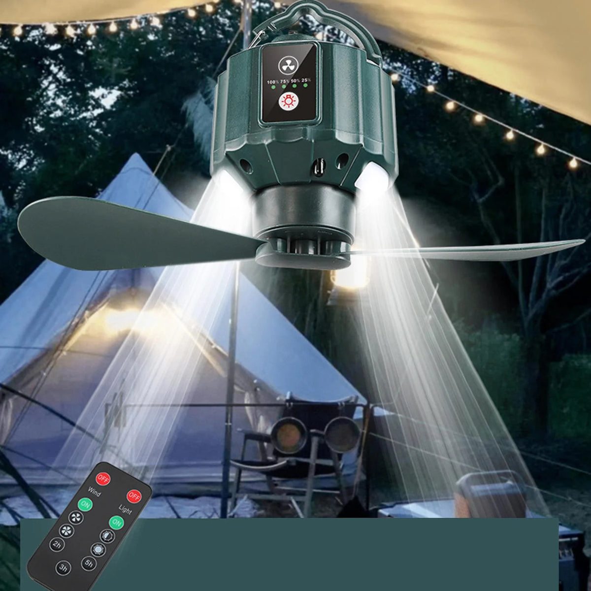Camping Fan with LED Lantern, USB Port, Remote Control, 3 Speeds E750825