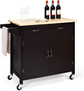 Dark Brown Rolling Kitchen Cart with Storage Cabinet and 2 Drawer Towel Rack G5799