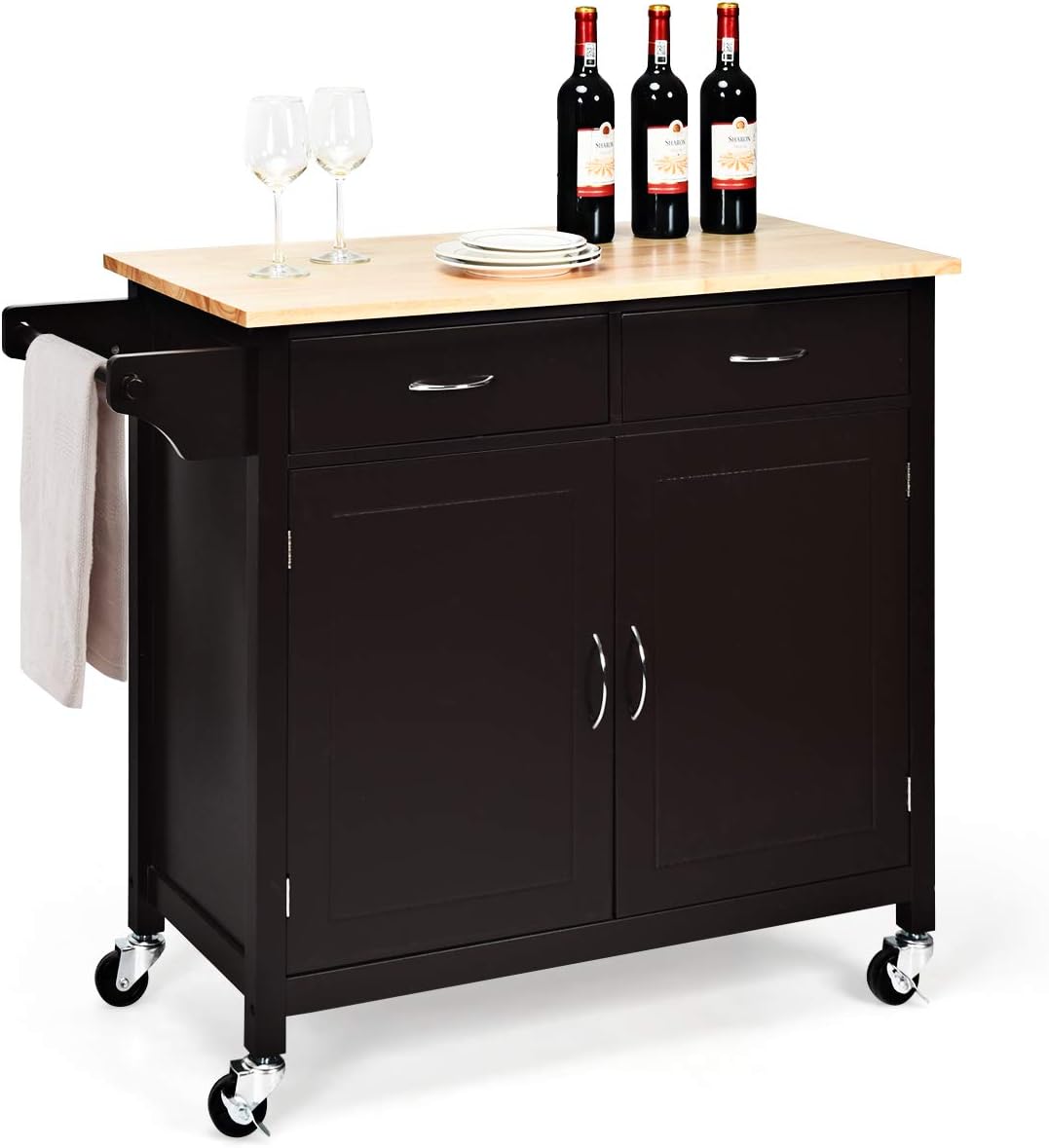 Dark Brown Rolling Kitchen Cart with Storage Cabinet and 2 Drawer Towel Rack G5799