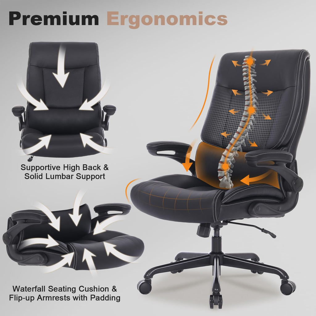 Black PU Leather Ergonomic Office Chair with Lumbar Support and Flip-up Armrests X8774