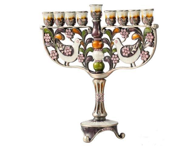 Hand Painted Enamel Menorah Candelabra with Gold Accents and Crystals P289