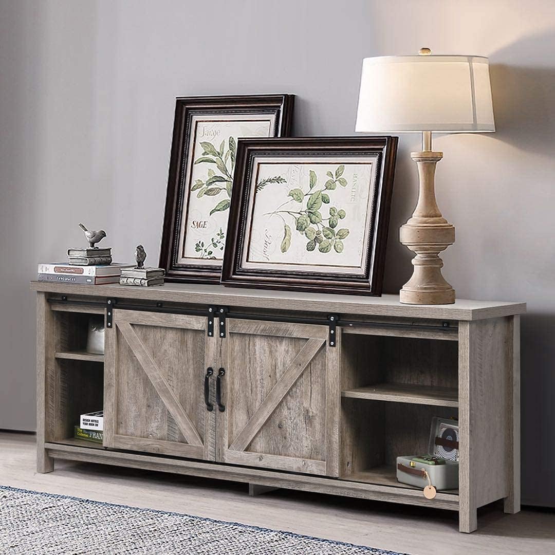 Rustic Gray Wash Wood TV Stand with Sliding Barn Door Q740433