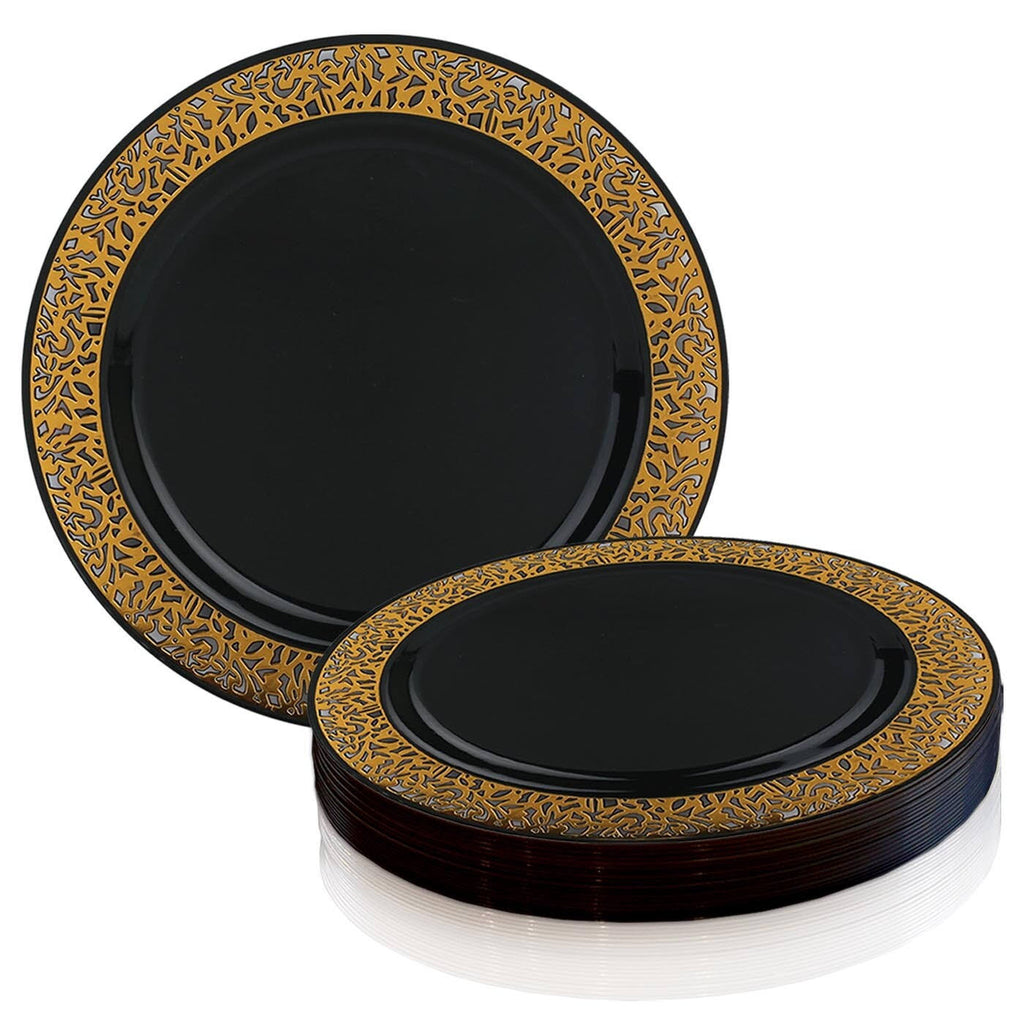 Black with Gold Rim Disposable Plastic Salad Plates 120pcs H377597