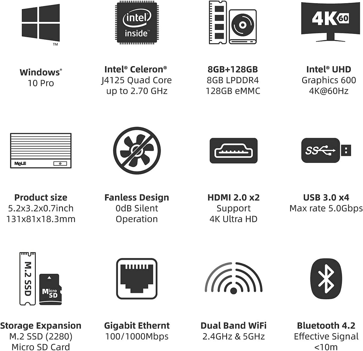 Fanless Mini PC Window11 Pro Celeron J4125 8GB/128GB Small Desktop Computer Dual HDMI 4K Output C819082