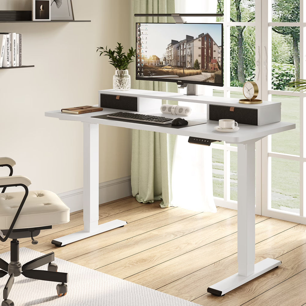 55"x24" Height Adjustable Standing Desk with 2 Drawers White Frame and White Top L693