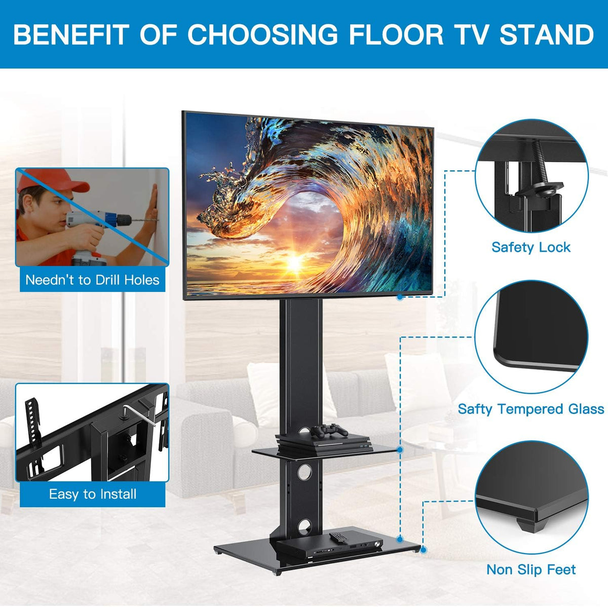 Swivel Floor TV Stand with Shelves for 32-65 inch LCD LED TVs, VESA 600x400mm A420966
