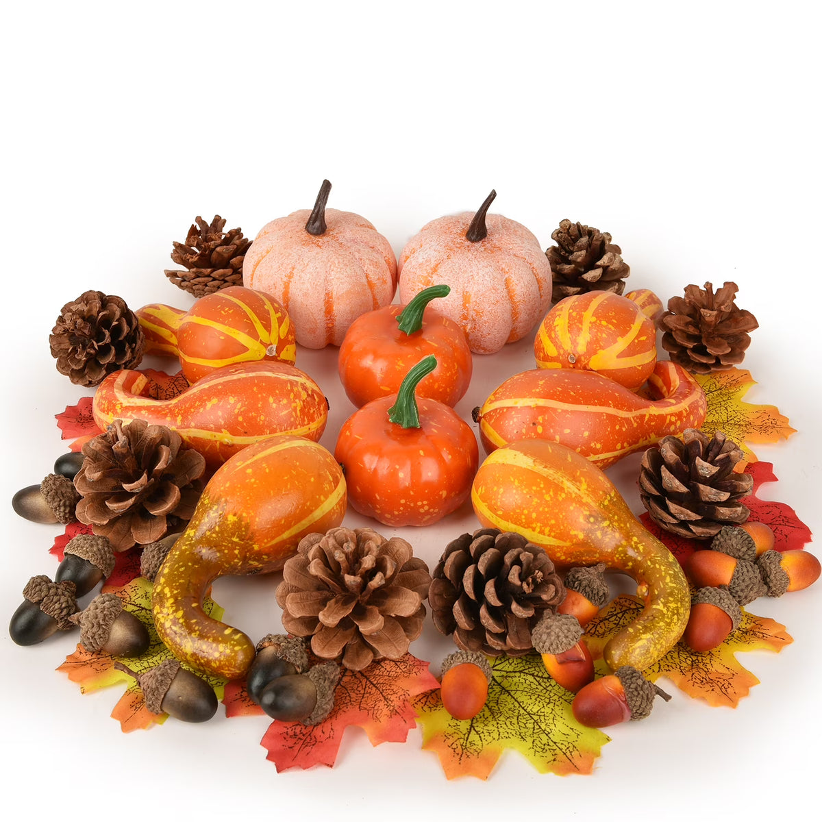 166 Pcs Assorted Artificial Pumpkins Pine Cones Maple Leaves Acorns Set P6094