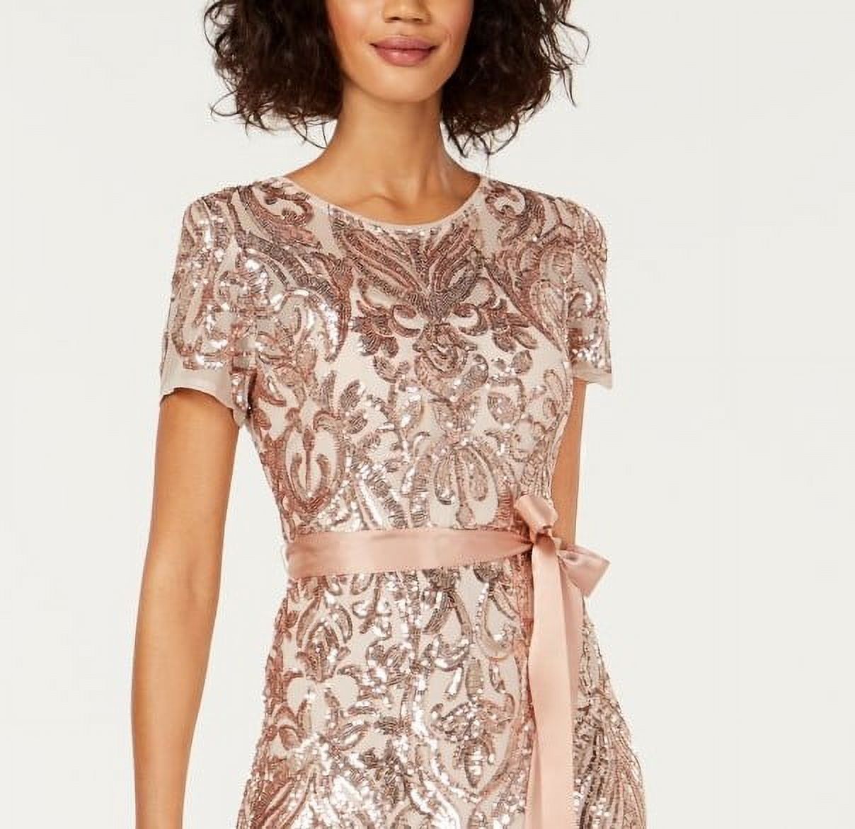 Beige Sequined Belted Patterned Short Sleeve Jewel Neck Midi Fit + Flare Dress Petites 8P H48503