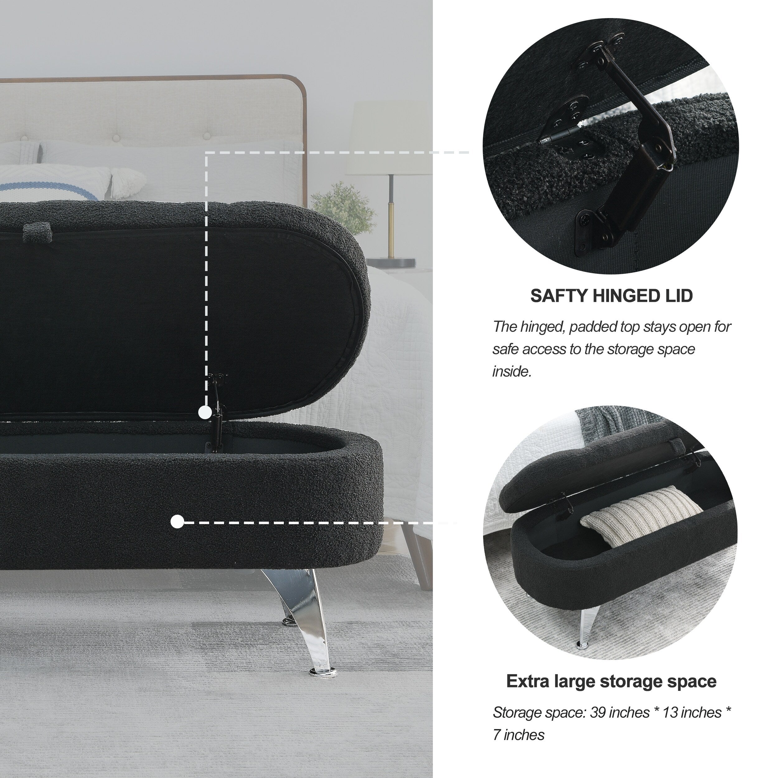 Black Teddy Storage Ottoman Bench S86384