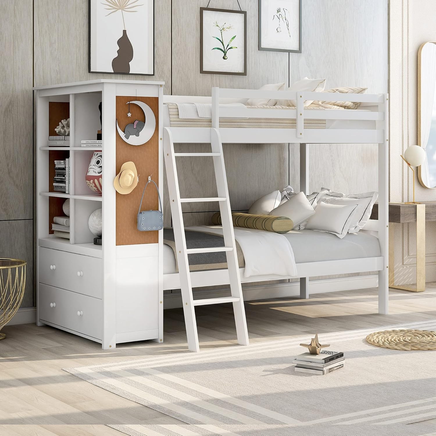 Twin Over Twin Bunk Bed with 6 Open Compartments and 2 Large Drawers N77476