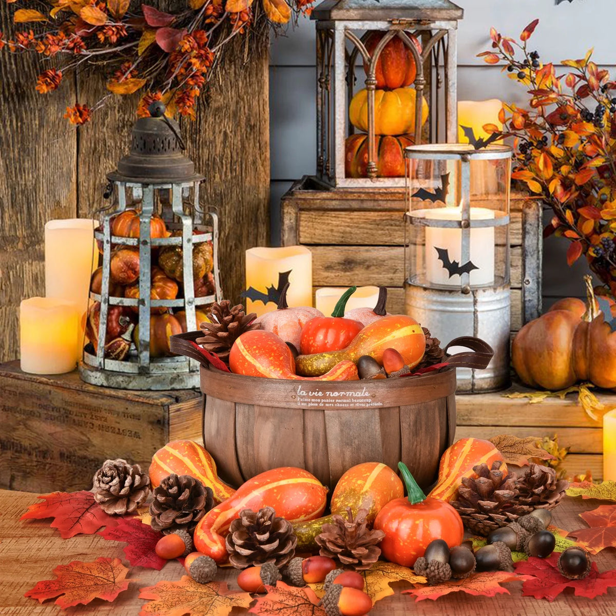 166 Pcs Assorted Artificial Pumpkins Pine Cones Maple Leaves Acorns Set P6094