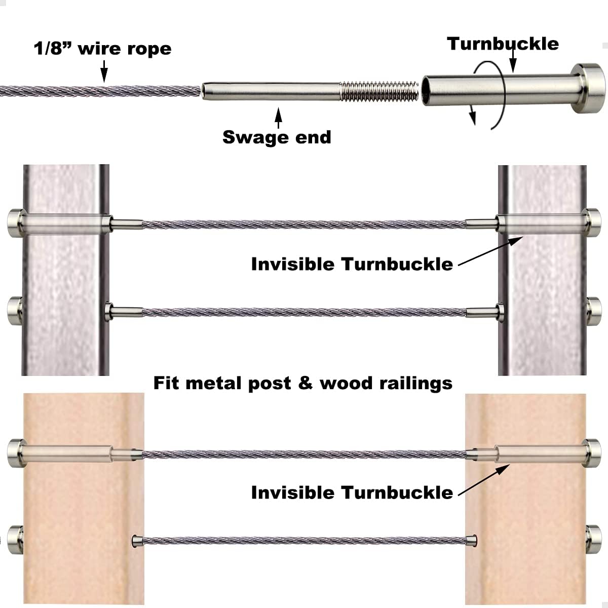 20 Pcs 1/8 Invisible Turnbuckle Kit, T316 Stainless Steel Cable Railing Hardware Kit P7599