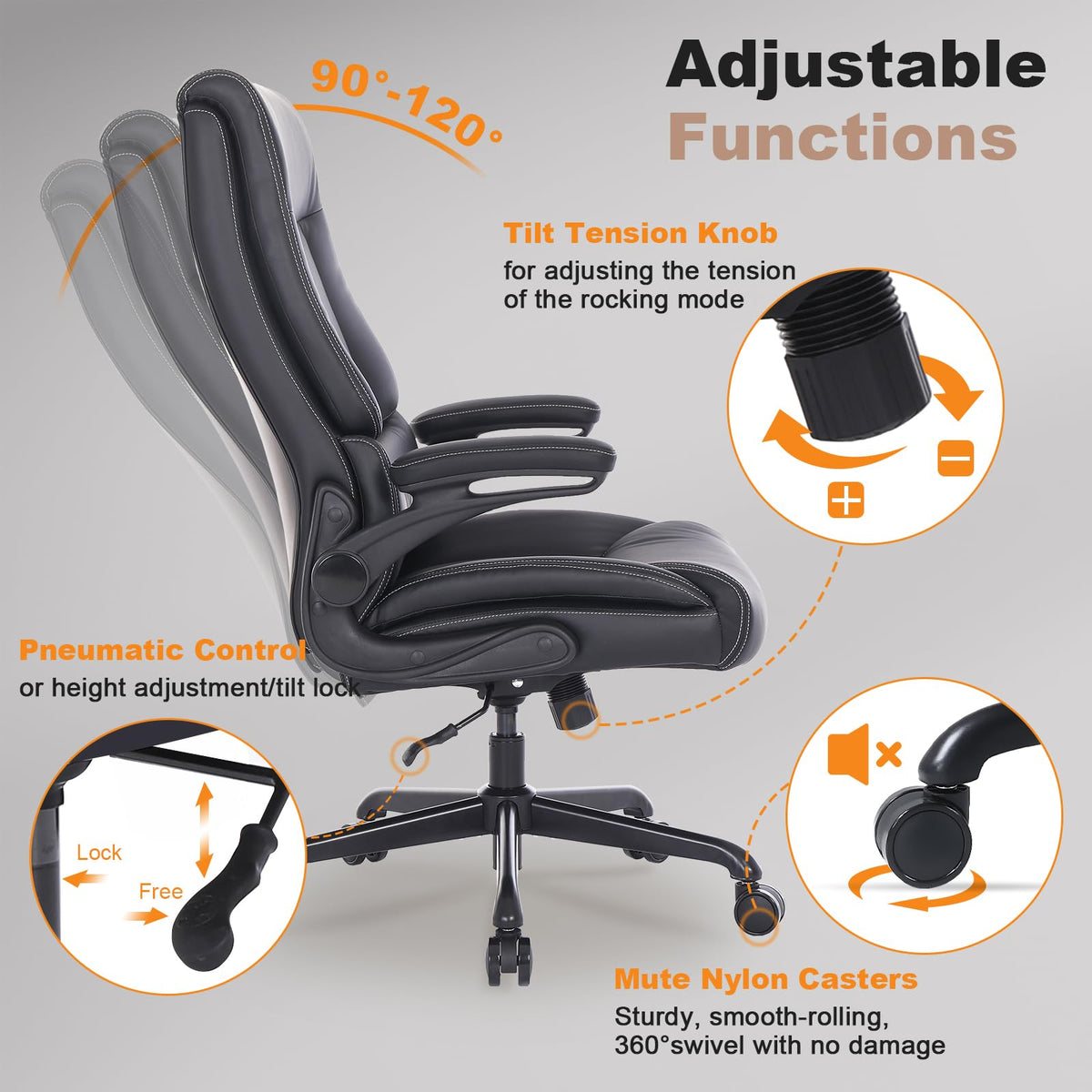 Black PU Leather Ergonomic Office Chair with Lumbar Support and Flip-up Armrests X8774