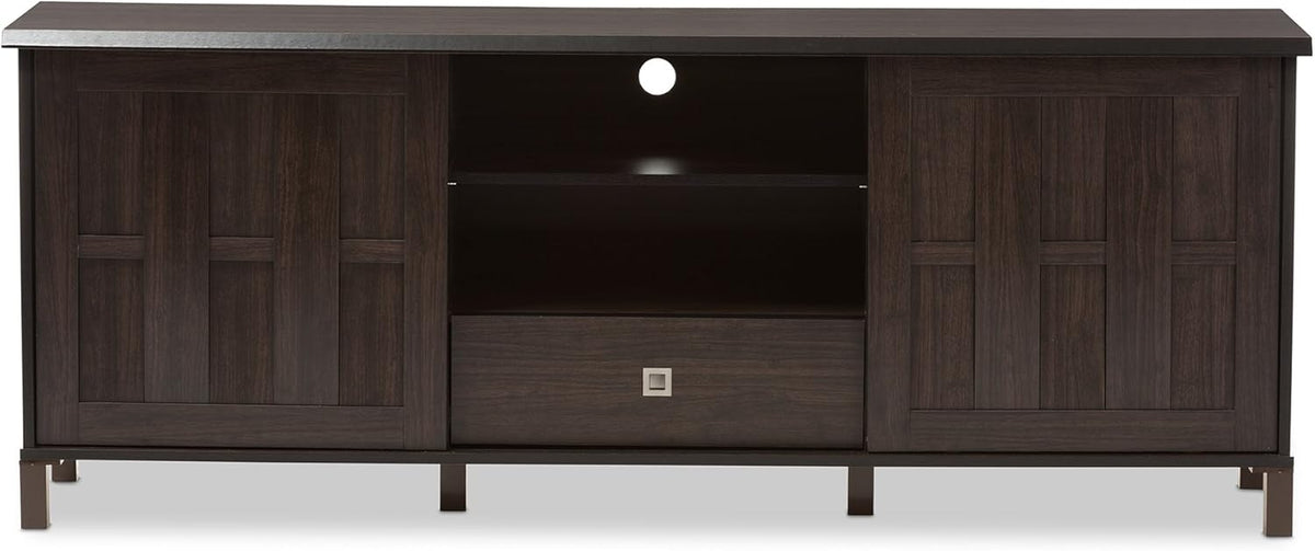70 Dark Brown Wood TV Cabinet with 2 Sliding Doors and Drawer R488933