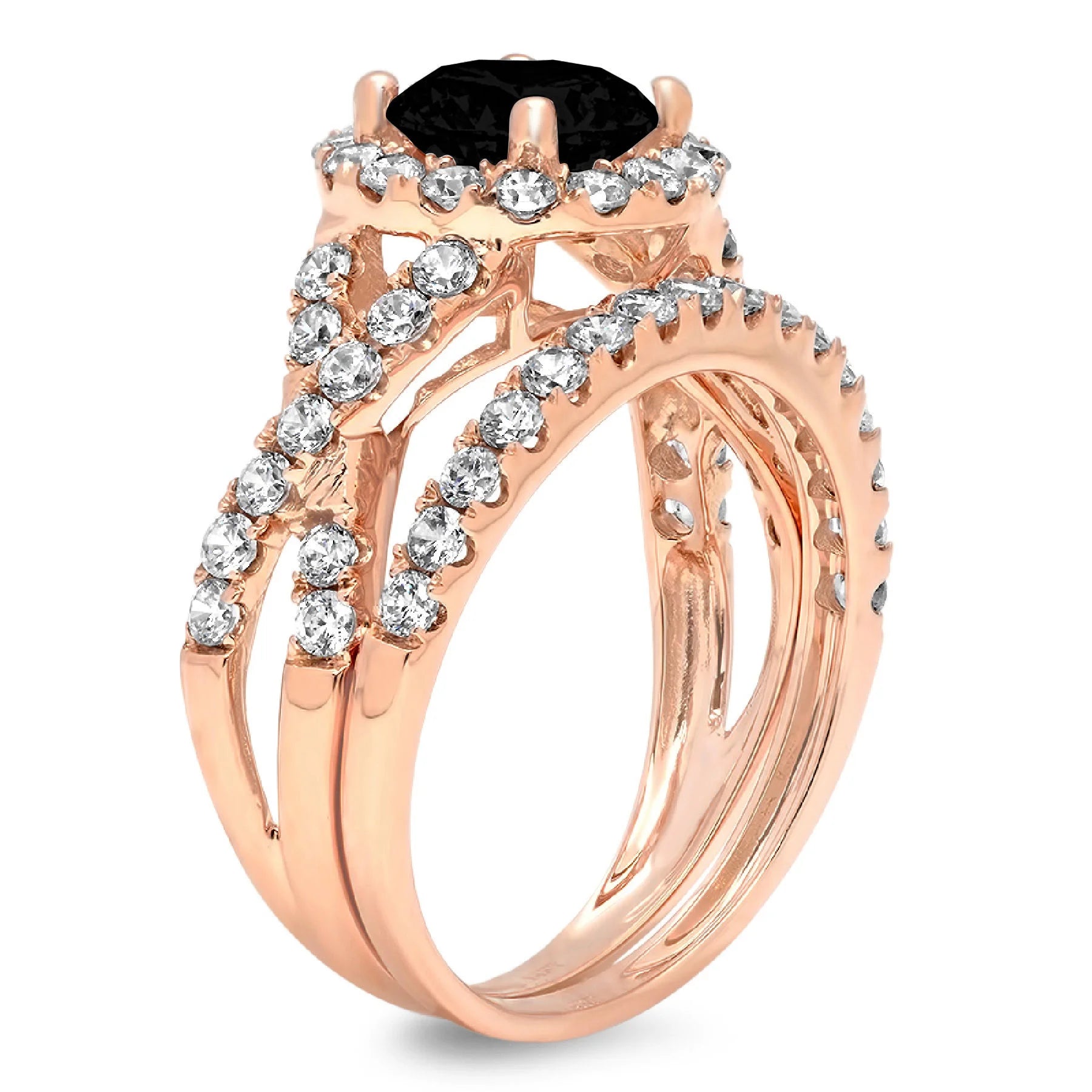 1.92 ct Round Cut Black Natural Onyx Real 18k Rose Gold Halo Ring Band Set Size 3.5 Y735