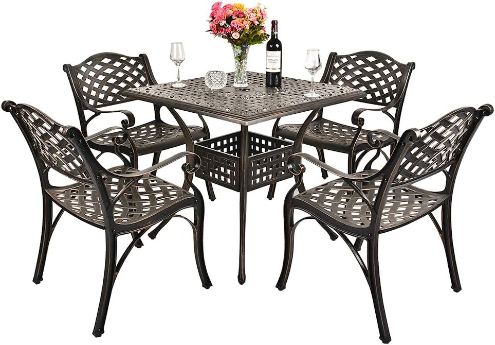 5-Piece Cast Aluminum Outdoor Dining Set with Umbrella Hole R86578
