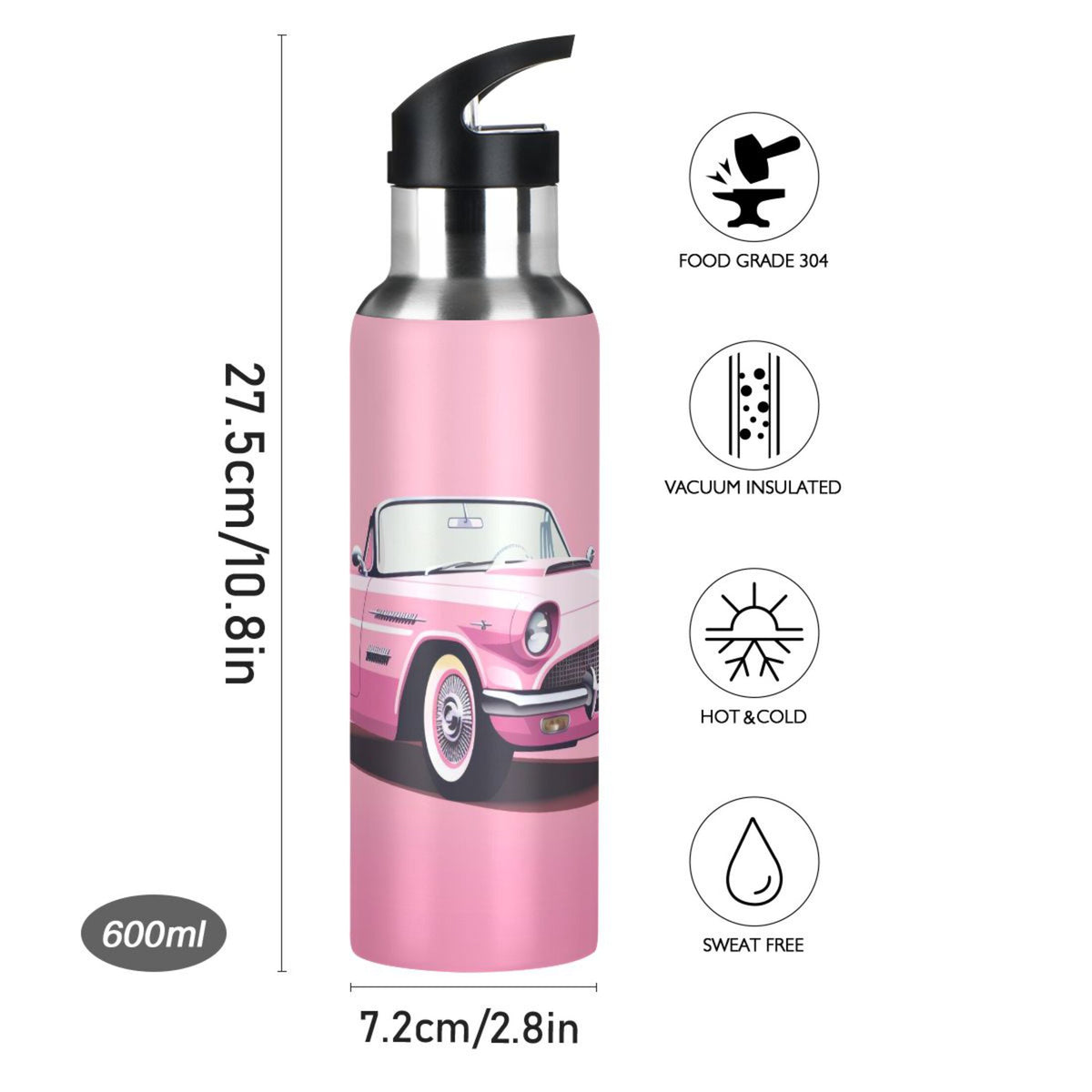 Pink Insulated Stainless Steel Water Bottle with Straw Lid 20 oz X740582