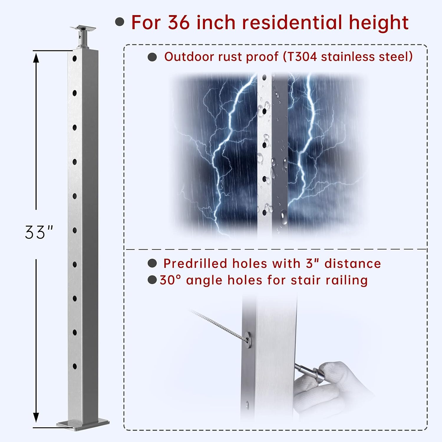 Stainless Steel Brushed Square Weldless Cable Railing Post 4Pack Z3604