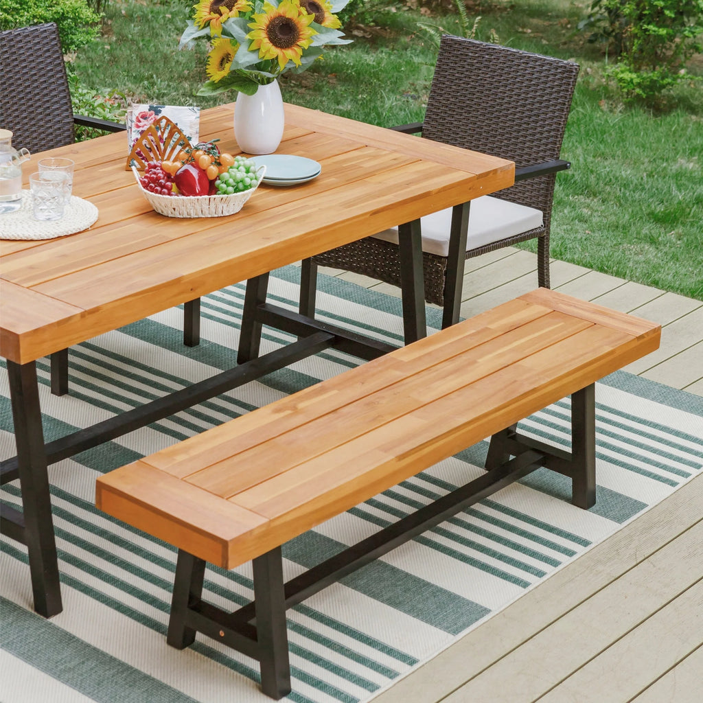 6-Piece Outdoor Dining Set with Acacia Wood Table, Bench and Wicker Chairs with Cushions A5466